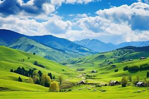 ai généré magnifique paysage avec vert prés et bleu ciel avec des nuages. photo