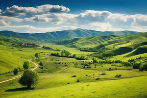 ai généré magnifique paysage avec vert prés et bleu ciel avec des nuages. photo