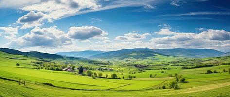 ai généré magnifique paysage avec vert prés et bleu ciel avec des nuages. photo