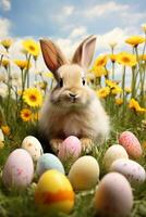 ai généré Pâques lapin et coloré des œufs sur vert herbe avec fleurs Contexte. photo