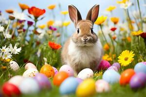 ai généré Pâques lapin et coloré des œufs sur vert herbe avec fleurs Contexte. photo