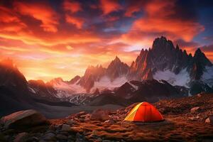 ai généré tente dans le montagnes à le coucher du soleil. magnifique été paysage avec une tente. photo