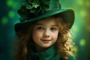 ai généré portrait de une magnifique peu fille dans une vert chapeau.st. patrick's journée concept photo