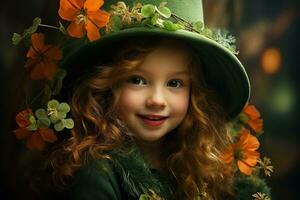 ai généré portrait de une magnifique peu fille dans une vert chapeau.st. patrick's journée concept photo