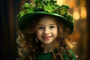 ai généré portrait de une magnifique peu fille dans une vert chapeau.st. patrick's journée concept photo