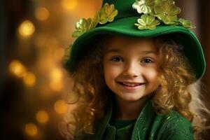 ai généré portrait de une magnifique peu fille dans une vert chapeau.st. patrick's journée concept photo