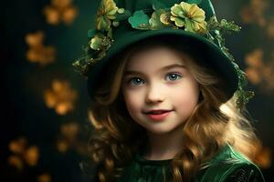 ai généré portrait de une magnifique peu fille dans une vert chapeau.st. patrick's journée concept photo