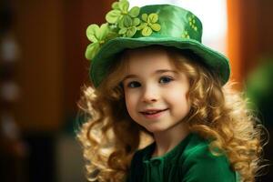 ai généré portrait de une magnifique peu fille dans une vert chapeau.st. patrick's journée concept photo