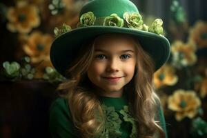 ai généré portrait de une magnifique peu fille dans une vert chapeau.st. patrick's journée concept photo