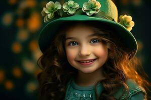 ai généré portrait de une magnifique peu fille dans une vert chapeau.st. patrick's journée concept photo