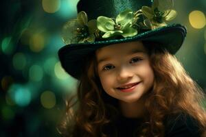 ai généré portrait de une magnifique peu fille dans une vert chapeau.st. patrick's journée concept photo