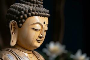 ai généré fermer de Bouddha statue dans bouddhiste temple photo