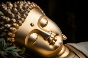ai généré fermer de Bouddha statue dans bouddhiste temple photo