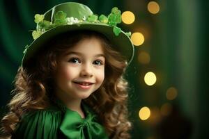 ai généré portrait de une magnifique peu fille dans une vert chapeau.st. patrick's journée concept photo