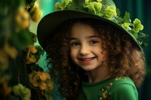 ai généré portrait de une magnifique peu fille dans une vert chapeau.st. patrick's journée concept photo