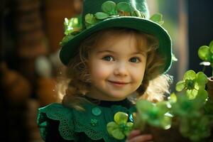 ai généré portrait de une magnifique peu fille dans une vert chapeau.st. patrick's journée concept photo