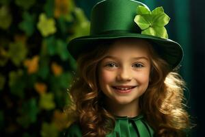 ai généré portrait de une magnifique peu fille dans une vert chapeau.st. patrick's journée concept photo