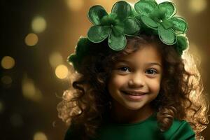 ai généré portrait de une magnifique peu fille dans une vert chapeau.st. patrick's journée concept photo