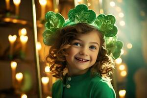 ai généré portrait de une magnifique peu fille dans une vert chapeau.st. patrick's journée concept photo