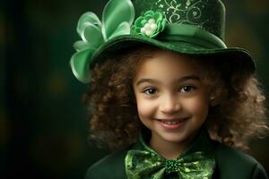 ai généré portrait de une magnifique peu fille dans une vert chapeau.st. patrick's journée concept photo