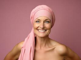 ai généré attrayant souriant femme avec un optimiste Regardez rétabli de cancer photo