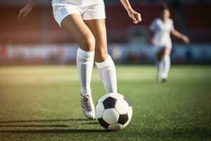 ai généré fermer de football Balle dans mouvement sur herbe conduit par fille photo