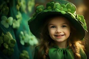 ai généré portrait de une magnifique peu fille dans une vert chapeau.st. patrick's journée concept photo