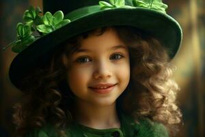 ai généré portrait de une magnifique peu fille dans une vert chapeau.st. patrick's journée concept photo