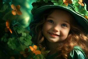 ai généré portrait de une magnifique peu fille dans une vert chapeau.st. patrick's journée concept photo