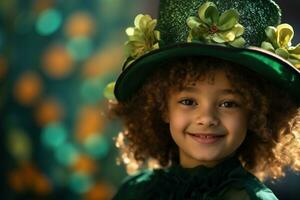 ai généré portrait de une magnifique peu fille dans une vert chapeau.st. patrick's journée concept photo