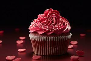 ai généré Valentin petit gâteau avec en forme de coeur arrose sur rouge Contexte photo