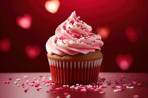 ai généré Valentin petit gâteau avec en forme de coeur arrose sur rouge Contexte photo