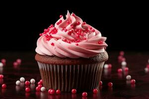 ai généré Valentin petit gâteau avec en forme de coeur arrose sur rouge Contexte photo