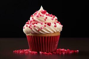 ai généré Valentin petit gâteau avec en forme de coeur arrose sur rouge Contexte photo