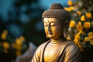 ai généré fermer de Bouddha statue dans bouddhiste temple photo