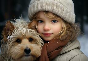 ai généré enfant habillé chaleureusement dans de laine chapeau et foulard, sur le rue avec neige chute et avec une chiot sur le sien genoux. hiver temps. photo