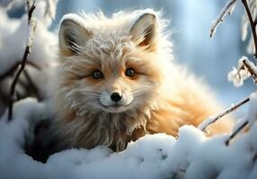 ai généré rouge Renard dans hiver paysage avec chute neige. photo