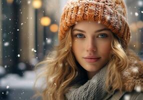 ai généré Jeune femme habillé chaleureusement dans une de laine chapeau et écharpe sur le rue avec chute neige. hiver temps. photo