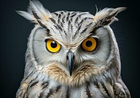 ai généré réaliste portrait de un hibou sur foncé Contexte photo