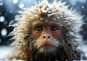 ai généré mignonne bébé singe dans hiver paysage avec chute neige photo