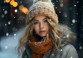 ai généré Jeune femme habillé chaleureusement dans une de laine chapeau et écharpe sur le rue avec chute neige. hiver temps. photo