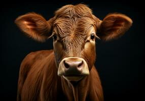 ai généré réaliste portrait de une vache sur foncé Contexte photo