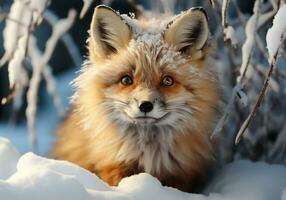 ai généré rouge Renard dans hiver paysage avec chute neige. photo