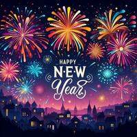 ai généré content Nouveau année 2024 bannière avec coloré feux d'artifice exploser dans le nuit ciel. photo