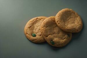 ai généré Chocolat puce biscuits sur Orange Contexte. proche en haut. sélectif se concentrer. ai génératif photo