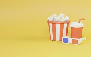 pop corn seau avec 3d des lunettes et doux les boissons sur Jaune Contexte. cinéma concept. 3d le rendu illustration. photo