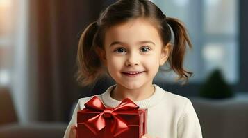 ai généré mignonne fille avec le cadeau. ai génératif. photo