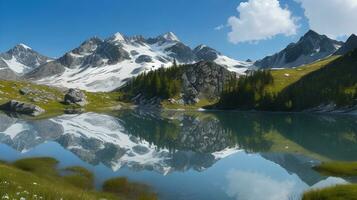 ai généré sérénité dévoilé, un alpin miroir reflète majestueux pics .ai généré photo