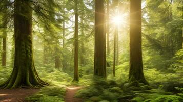 ai généré enchanté havre, dévoilement le secret ensoleillé clairière dans le cœur de un ancien, majestueux vieille forêt forêt.ai généré photo