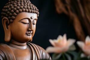 ai généré fermer de Bouddha statue dans bouddhiste temple photo